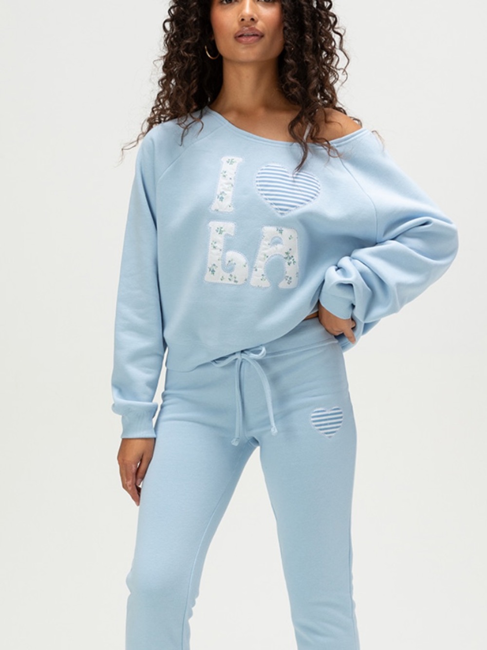 Full Tilt Light Blue Off-Shoulder 'I ♥ LA' Appliqué Sweatshirt